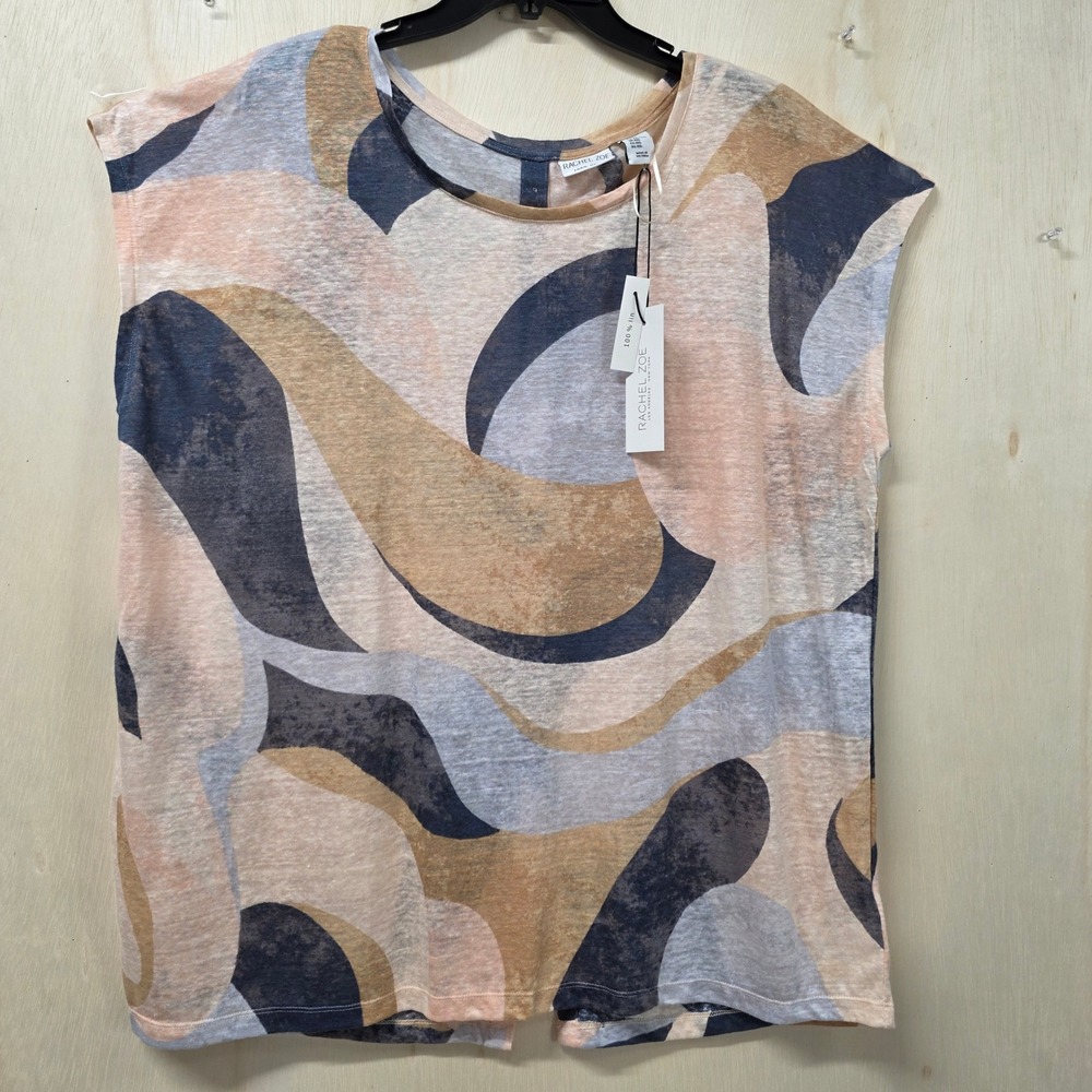 Rachel Zoe XXL 100% Linen Abstract Swirl Button Back Cap Sleeve Top NWT